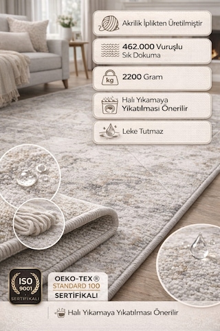 Modern Eskitme Desenli Leke Tutmaz Akrilik Halı 462.000 Sık Dokuma Salon Halısı Çok Renkli
