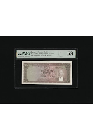 Pmg 58 Elli Türk Lirası 50 Tl 1970 Nd 1971 P 187aa S/n P31 096623 5. Ems 7. T Ça