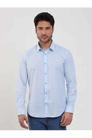 Dufy Mavi Erkek Slim Fit Kareli Brent Yaka Uzun Kol Gömlek - 102384-mavi Mavi