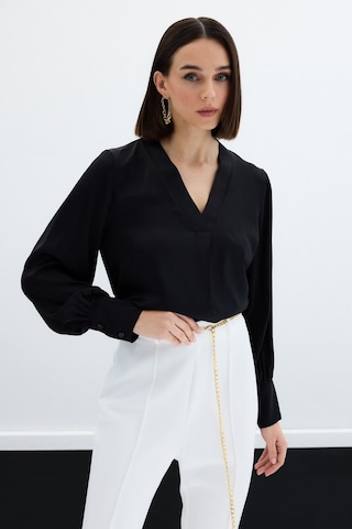 Sateen V Yaka Saten Bluz - Siyah-130162 Siyah