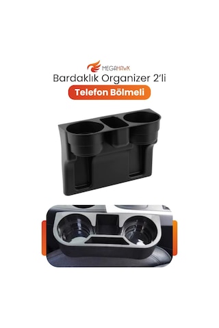 Araç Koltuk Arası Bardaklık Organizer 2 Li Gözlü Telefon Bölmeli Araç İçi Düzenleyici