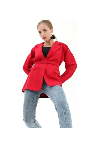 Düşük Omuz Kemerli Atlas Kumaş Blazer Ceket - Kırmızı-kırmızı Kırmızı