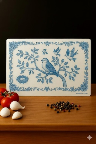 Cam Kesme Tahtası Sofra & Mutfak Kesme Tahtası Sunum Tahtası Cam Doğrama Tahtası Sunumluk Beyaz - Mavi