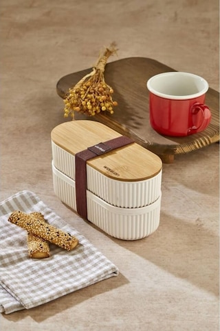 Piev Pratik İkili Bambu Kapaklı Saklama Beslenme Kabı Beyaz