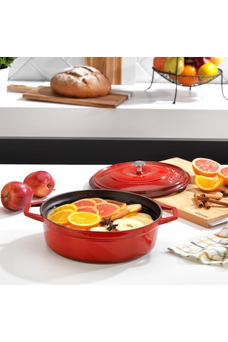 Schafer Guss Chef Döküm Basık Tencere 26cm-2 Parça-kırmızı Gri