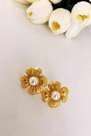 Çizgili Çiçek Gold Küpe Çok Renkli