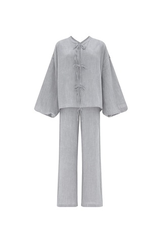 Ön Bağlamalı Bluz Pantolon Takım Gri Gri