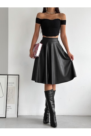 Ozy Fashion Siyah Yüksek Bel,içi Şardonlu,beli Lastikli,deri Kroşe Etek Siyah