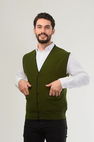 Kamalı Haki Erkek V Yaka Triko Düğmeli Cepli Çizgi Desenli Regular Fit Tüylenmeyen Örgü Yelek Haki