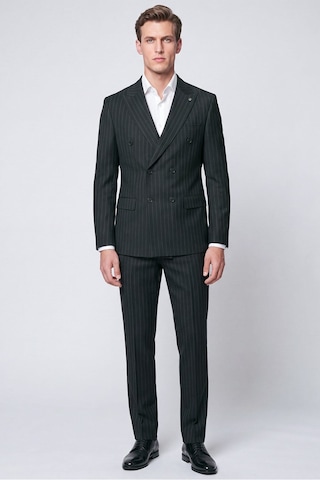 Efor Slim Fit %96 Yünlü Çift Yırtmaç Çizgili Siyah Kruvaze Takım Elbise Tk 954