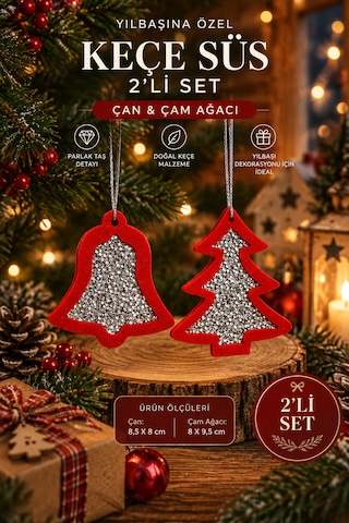 Taşteks Taşlı Keçe Yılbaşı Süsü 2 Li Set Çan & Çam Ağacı Çift Taraflı 4 Renk Seçenekli -