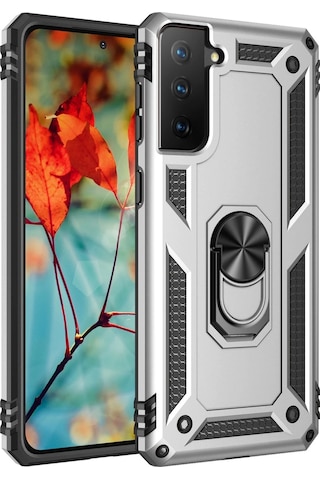 Cosmotex Newface Samsung Galaxy Uyumlu  S21 Plus Kılıf Sofya Yüzüklü Silikon Kapak - Gümüş