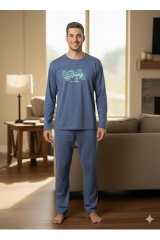 Erkek Mavi Uzun Kol Pijama Takım Açık Mavi