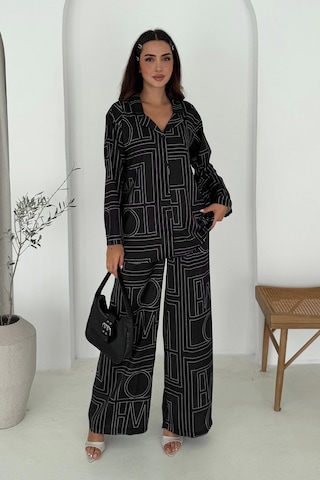 Geometrik Desen Modal Saten Takım Siyah Siyah