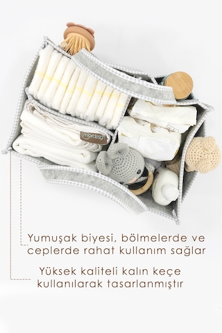 Mordesign Çok Amaçlı Kalın Keçe Anne Bebek Bakım Çantası Dolap İçi Organizer Scotch Serisi Gri