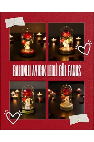 Balonlu Ayıcık Ledli Gül Fanus Dekoratif Masa Lambası Çok Renkli