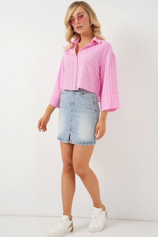 Defymoda Çizgili Oversize Kısa Gömlek 20326 - Pembe Pembe