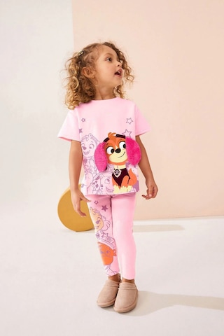 Lolliboomkids Pembe Renk Peluş Kulak Detaylı Itfaiyeci Köpek Baskılı Pamuklu T-shirt Tayt Alt-üst Takım Pembe