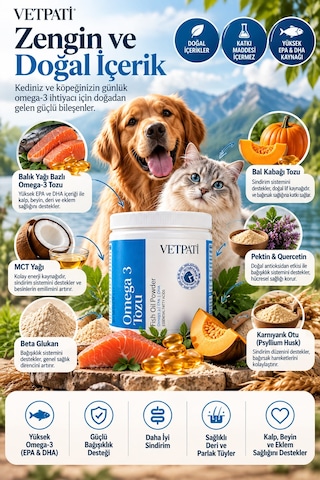 Vetpati Omega 3 Tozu Kedi Ve Köpekler İçin Balık Yağı Epa Dha Deri Tüy Eklem Ve Bağışıklık Desteği