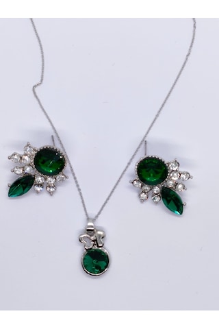 Sapphire Store Gümüş Renk Yeşil Taşlı Kolye Küpe Seti Gümüş