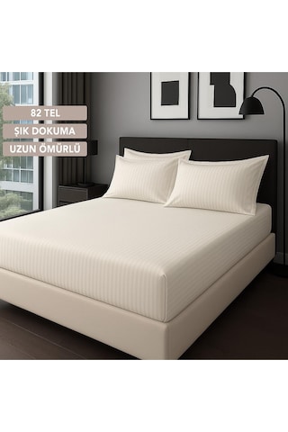 Satin Stripe %100 Pamuk Saten Tek Kişilik Çizgili Lastikli Çarşaf Seti Yastıklı 120x200+30 Bej