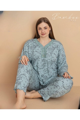 Pijamerry Kadın Büyük Beden Dantel Yaka Bambu Uzun Kol İnce Pijama Takımı 5672 - 1 Adet Yeşil