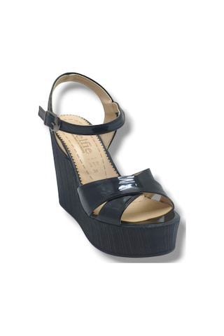 Selfie 4285-26 Rugan Çapraz Bant Yüksek Dolgu Taban Fashion Kadın Sandalet 11cm Siyah