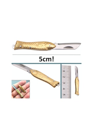 Omeniv 5 Cm Vintage Stil Pirinç Balık Saplı Kamp Çakı Anahtarlık Altın