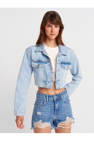 Dilvin 65377 Lazer Detaylı Crop Denim Ceket-mavi Mavi