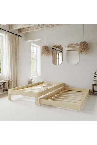 Canvas Model Yavrulu Doğal Çam Ahşap Karyola