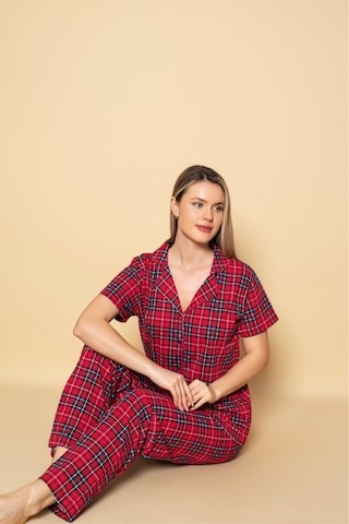 Kadın Gömlek Desenli Kısa Kol Pijama Akımı Kırmızı