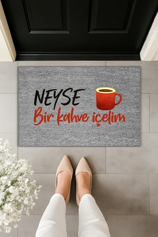 Rugmood Modern Dijital Baskı - Neyse Bir Kahve İçelim - Kapı Önü Paspası Gri