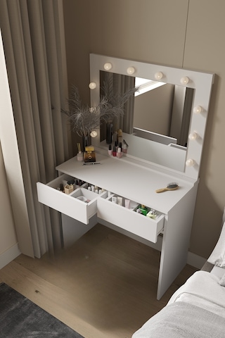 Sakura Işıklı Aynalı Çekmeceli Makyaj Masası Beyaz