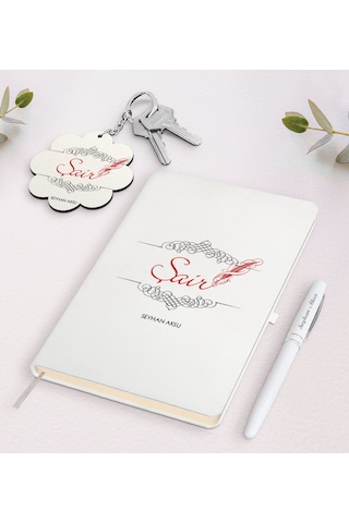 Kişiye Özel Şair Beyaz Defter Kalem Ve Anahtarlık Seti