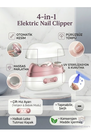 Otomatik Kesim 4'ü 1 Arada Şarjlı Tırnak Makası Bakım Seti , Törpüleme, Parlatma Uv Lamba Hız Ayarlı