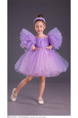 Kız Çocuk Tütü Etekli Kabarık Kollu Komotini Taçlı Abiye Elbise Mor 1662 Mor