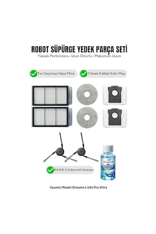Dreame L40s Pro Ultra İle Uyumlu 2 Yan Fırça 2 Filtre 2 Mop 1 Deterjan 2 Toz Torbası Genel