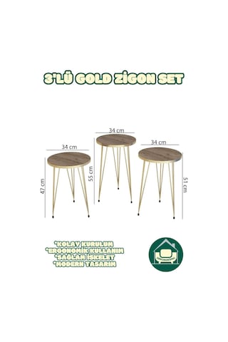 Berlin Ceviz Zigon Sehpa Gold Tel Ayak Lüks & Modern Tasarım