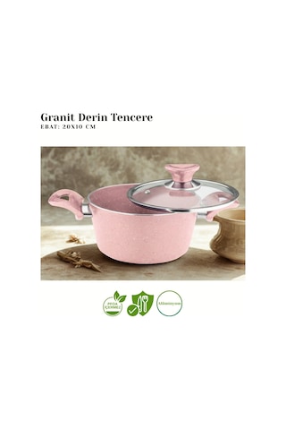 20 Cm Granit Derin Tencere Cam Kapak - Pembe Pembe