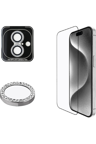 Apple Uyumlu iPhone 16 Plus Guess Lisanslı Ekran Ve Rhinestonetaşlı Lens Koruyucu 2'li Aksesuar Seti Gümüş