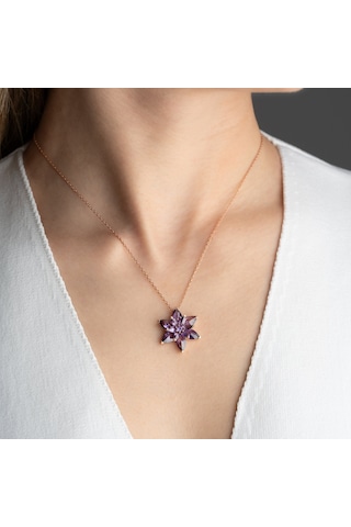 Vaoov 925 Ayar Gümüş Mor Taşlı Katmanlı Lotus Kolye Rose