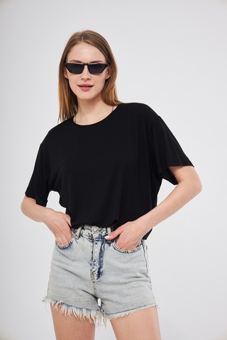 Siyah Baskısız Düz Bisiklet Yaka Kadın Oversize T-shirt SIYAH
