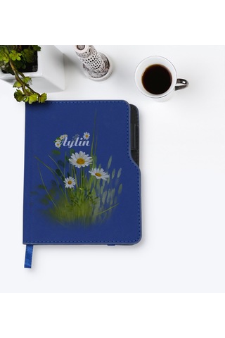 Kişiye Özel Papatya Temalı Lacivert Termo Deri Defter-13