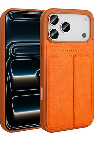 Apple Uyumlu iPhone 17 Pro Max Kılıf Pu Deri Kartlıklı Sevilla Kapak Turuncu