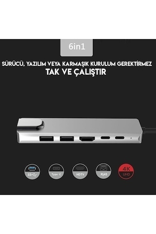 VİZY10 Dizüstü Bilgisayar Uyumlu 6 In 1 Type-C To  4K HDMI Tv Pro