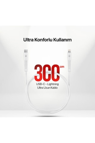 Mojue 3A/27W Hızlı Şarj Destekli Ekstra Dayanıklı 300 CM USB-C -Apple Uyumlu iPhone Lightning Şarj Kablosu