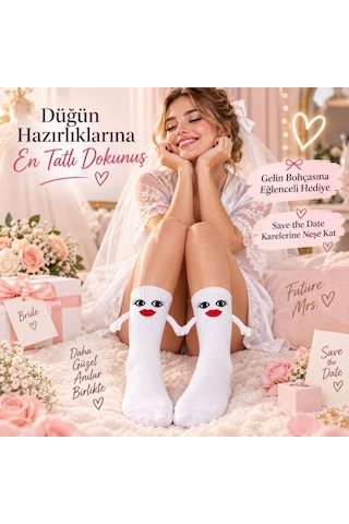 Womanandkids Wak Mıknatıslı Gelin Çorabı Kadın Beyaz El Ele Tutuşan Düğün Çeyiz Bohça Bekarlığa Veda Eğlenceli Ço