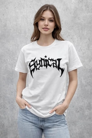 De'charme Bisiklet Yaka Ön Baskılı Kısa Kollu Tişört Streetwear Günlük Basic Pamuklu T-shirt - Beyaz