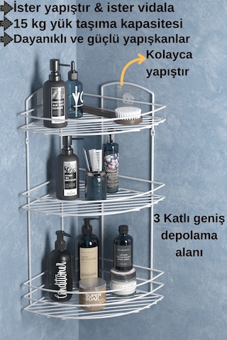 Teknotel Banyo Düzenleyici Şampuanlık Sabunluk 3 Katlı Yapışkanlı Banyo Duş Rafı Beyaz St033 Siyah