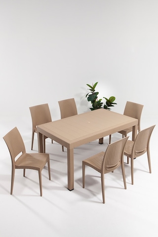 Sandalie Rattan Large Cappucino Masa Takımı Bahçe & Balkon 1 Masa + 6 Sandalye Kahverengi